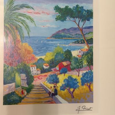 Jean-Claude Picot Signed French Riviera Coastal Landscape Print – Framed 13" x 15"