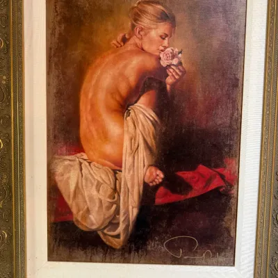 Pino Daeni Style Signed Figurative Woman with Rose Framed Canvas Art – 29" x 37"
