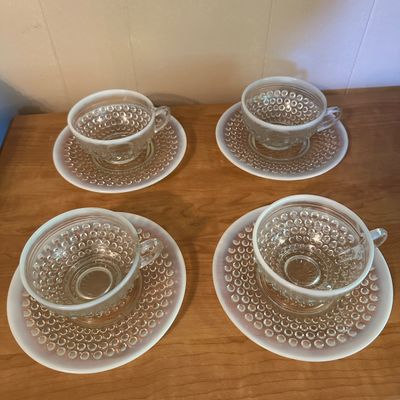 White Opalescent Hobnail Glass Cups & Saucers – Set of 4 (Set A)