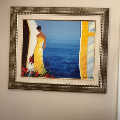 Émile Bellet Signed Woman in Yellow Dress Seascape Artwork – 35" x 27" Framed (MBR)