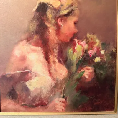 Signed Young Girl with Flowers Portrait Painting on Canvas – Ornate Gold Frame