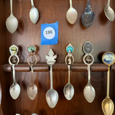 Vintage North American Travel Souvenir Spoon Collection w/ Large Wood Display Rack DR