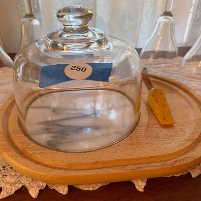 mid-century vintage cloche cheese serving set with four wine glasses-DR