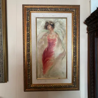 Signed Nix Limited Edition Woman in Red Figural Art – Ornate Gold Frame DR
