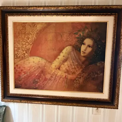 Maya Eventov Signed Figurative Painting – Reclining Woman – Ornate Framed 40" x 33"