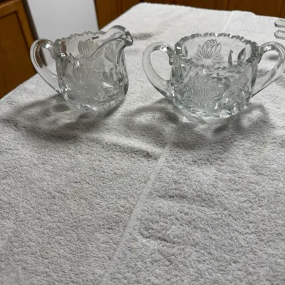 Antique EAPG-Style Pressed Glass Floral Creamer & Double Handle Sugar Bowl Set