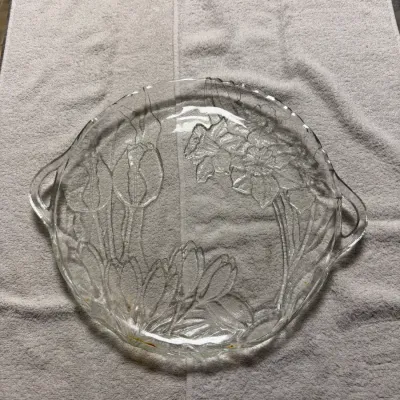 Vintage Pressed Glass Iris Floral Round Serving Platter with Handles