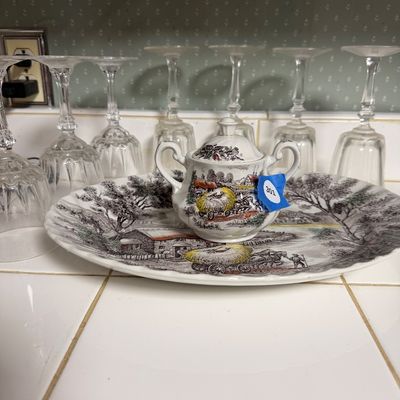 Yorkshire Ironstone Platter and covered sugar with seven wine glasses-K