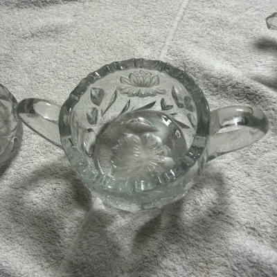 Antique EAPG-Style Pressed Glass Floral Creamer & Double Handle Sugar Bowl Set
