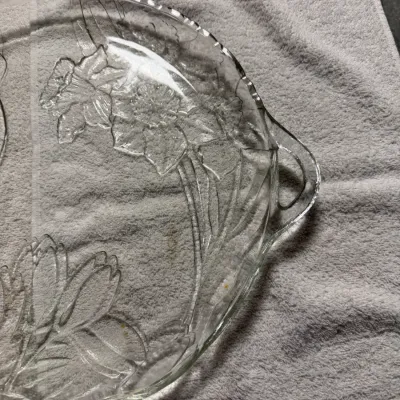 Vintage Pressed Glass Iris Floral Round Serving Platter with Handles