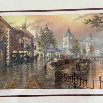 David Shotwell Signed Framed Serigraph Rainy Street Scene Town Square Print