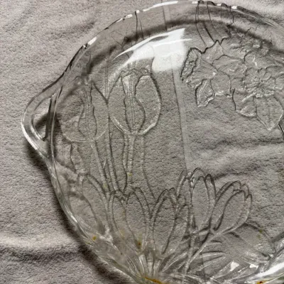 Vintage Pressed Glass Iris Floral Round Serving Platter with Handles