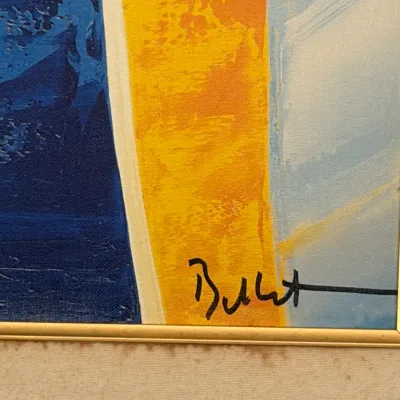 Émile Bellet Signed Woman in Yellow Dress Seascape Artwork – 35" x 27" Framed (MBR)