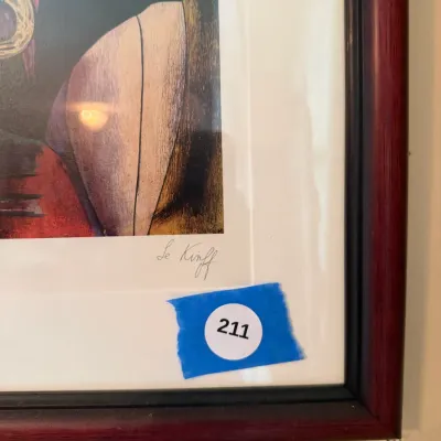 Linda Le Kinff Signed Figural Serigraph – Two Women with Mandolin – Framed DR