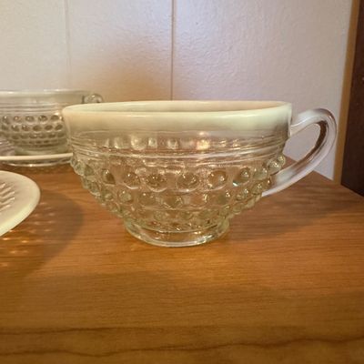 White Opalescent Hobnail Glass Cups & Saucers – Set of 4 (Set B)