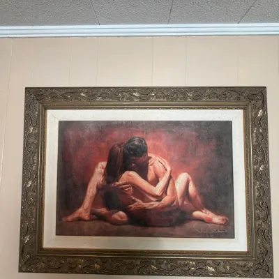 Large Signed Romantic Couple Embrace Figural Art Print – Ornate Bronze Gold Frame DR