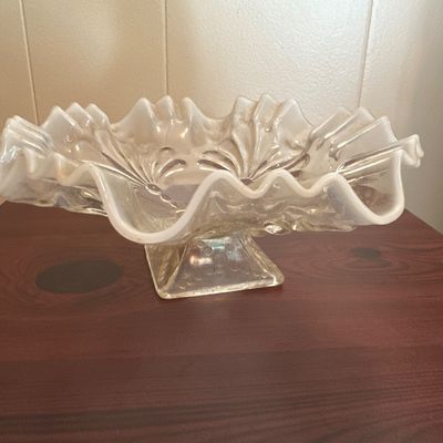 White Opalescent Glass Pedestal Bowl with Ruffled Rim