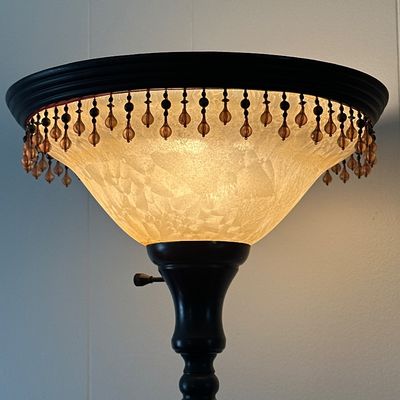 Vintage Beaded Torchiere Floor Lamp Frosted Glass Scalloped Shade Dark Bronze Finish