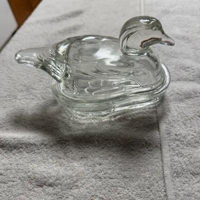 Vintage Herter’s 1893 Clear Glass Duck on Nest Open Candy Dish