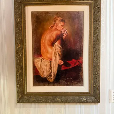 Pino Daeni Style Signed Figurative Woman with Rose Framed Canvas Art – 29" x 37"