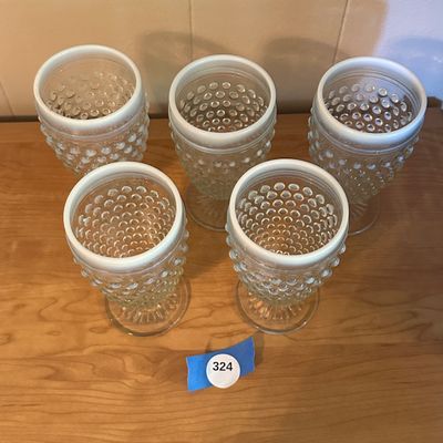 White Opalescent Hobnail Footed Drinking Glasses – Set of 5 (Set A)