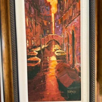 Signed “Marzo” Venetian Canal Scene Painting on Canvas – Framed 22.5" x 34" (LR)
