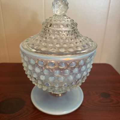 Vintage Fenton French Opalescent Hobnail Footed Covered Candy Jar Urn with Lid