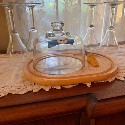 mid-century vintage cloche cheese serving set with four wine glasses-DR