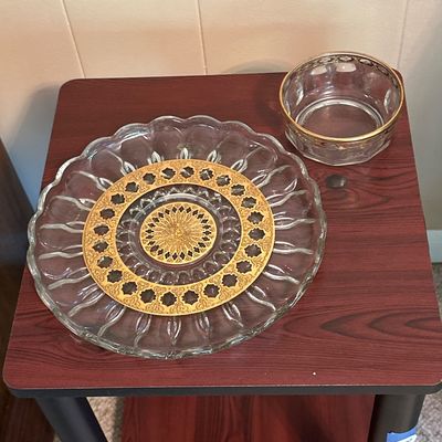 Gold-Decorated Glass Serving Plate & Small Bowl – 2 Pieces