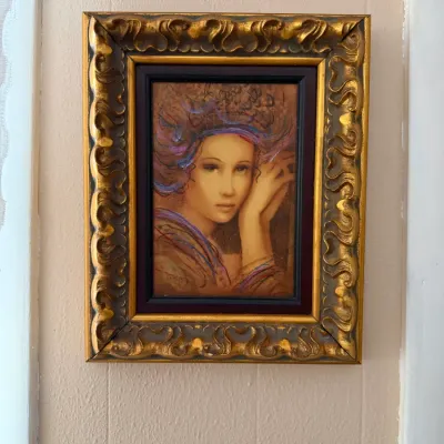 Signed Contemporary Female Portrait Art – Ornate Gold Frame – Colorful Figural Wall Décor DR