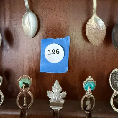 Vintage North American Travel Souvenir Spoon Collection w/ Large Wood Display Rack DR