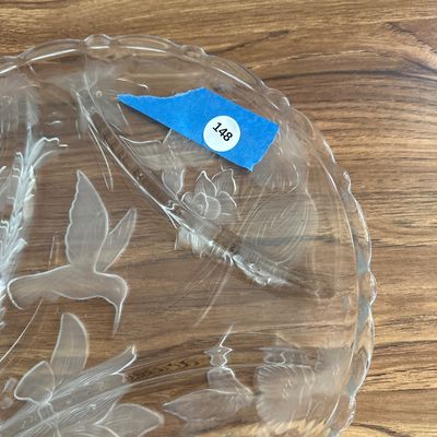 Vintage Frosted Glass 3-Section Divided Serving Platter 13 Inch Hummingbird and Lily Floral Tray