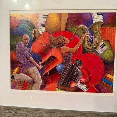 Framed Contemporary Music-Themed Collage Print – Piano, Saxophone & Dancers