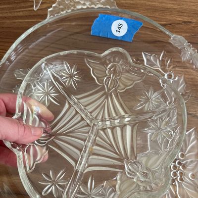Vintage Frosted Pressed Glass Christmas Platter and Relish Dish Set Holiday Serveware