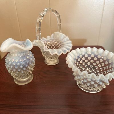 White Opalescent Hobnail Glass Basket, Vase & Bowl – 3 Pieces