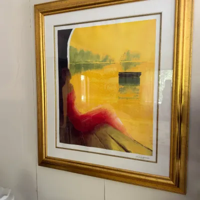 Signed Contemporary Abstract Figural Art Print – Woman in Red & Yellow – Gold Frame (MBR)
