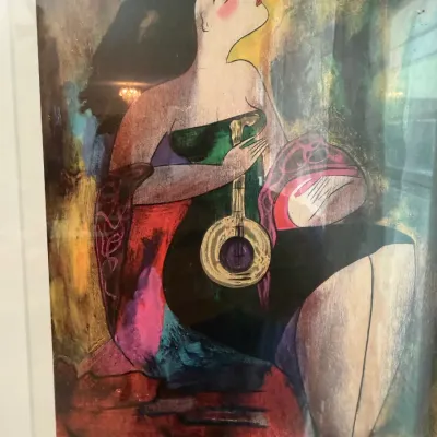 Linda Le Kinff Signed Figural Serigraph – Two Women with Mandolin – Framed DR