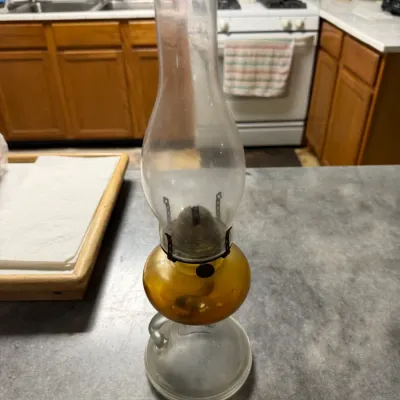 Vintage Amber & Clear Glass Kerosene Oil Lamp w/ Finger Loop & Chimney