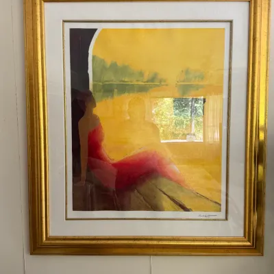 Signed Contemporary Abstract Figural Art Print – Woman in Red & Yellow – Gold Frame (MBR)