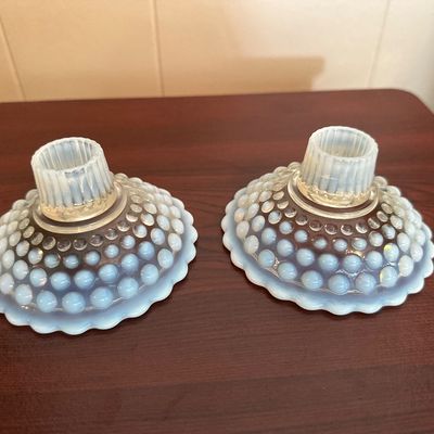 Pair of White Opalescent Hobnail Glass Candleholders