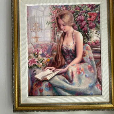 Signed “Alet” Framed Romantic Woman Reading Floral Portrait Artwork – 26" x 30"