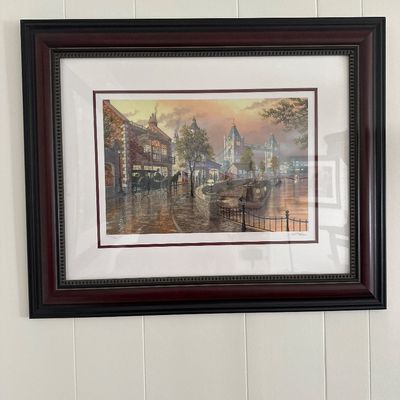 David Shotwell Signed Framed Serigraph Rainy Street Scene Town Square Print