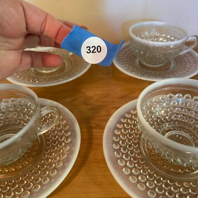 White Opalescent Hobnail Glass Cups & Saucers – Set of 4 (Set A)