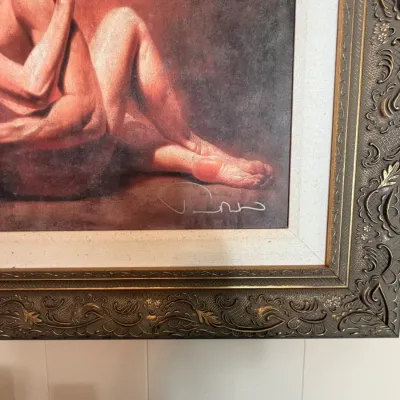 Large Signed Romantic Couple Embrace Figural Art Print – Ornate Bronze Gold Frame DR