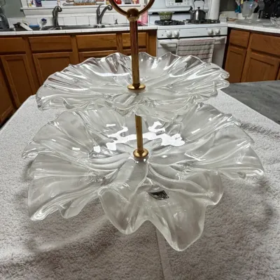 Vintage Mikasa Tulips Satin Crystal 2-Tier Serving Tray – Germany – Gold-Tone Handle