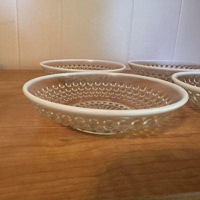 White Opalescent Hobnail Glass Bowls – Set of 4