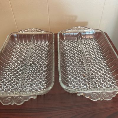 Clear Hobnail Glass Divided Serving Dishes – Pair
