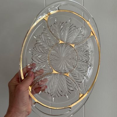 Vintage Gold Trim Glass Platters Set Oval Starburst Tray and Leaf Shaped Relish Dish
