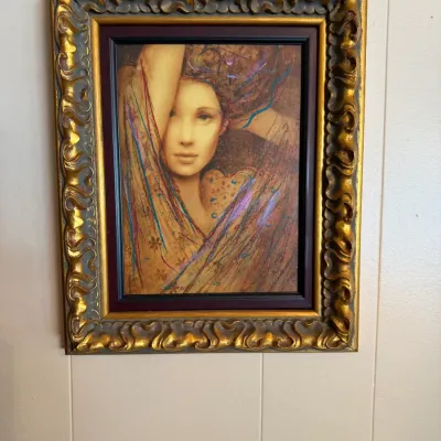 Stylized Female Portrait Mixed-Media Style Art – Ornate Gold Frame – Companion to Lot 203 DR
