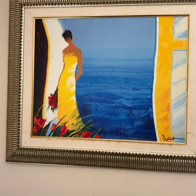Émile Bellet Signed Woman in Yellow Dress Seascape Artwork – 35" x 27" Framed (MBR)